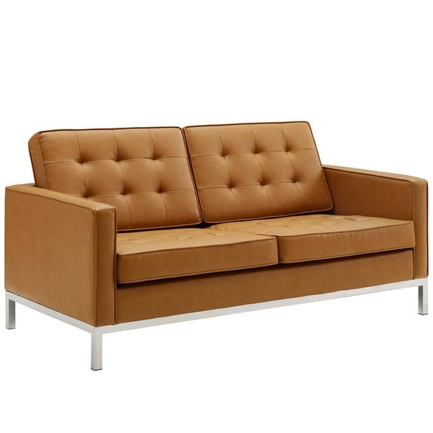 Garret Tufted Upholstered Faux Leather Loveseat In Silver Tan by Modway Furniture