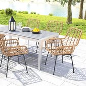 outdoor table with rattan chairs near lake