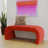 red velvet bench with decor and artwork